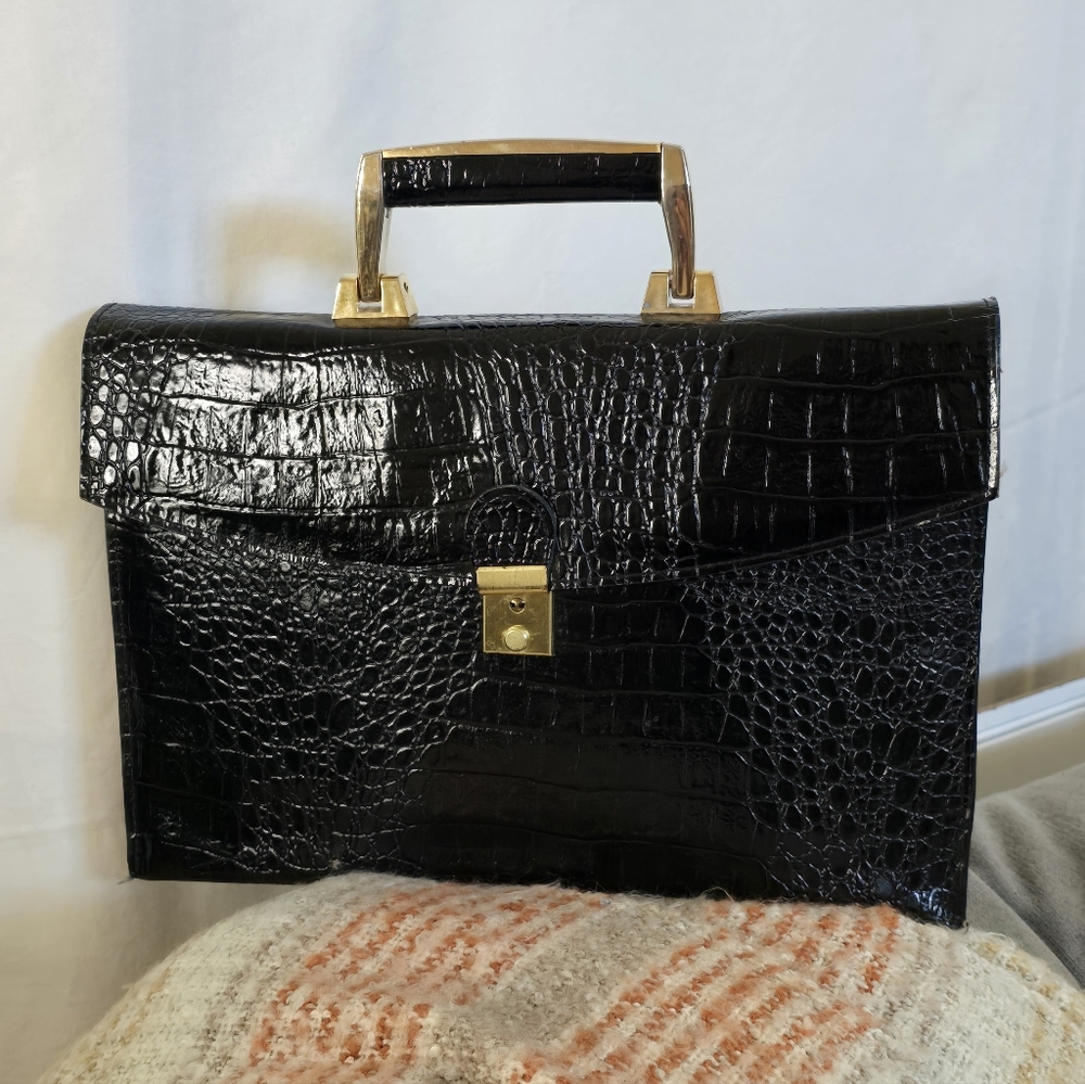 Vintage Black Snake Embossed Briefcase Bag